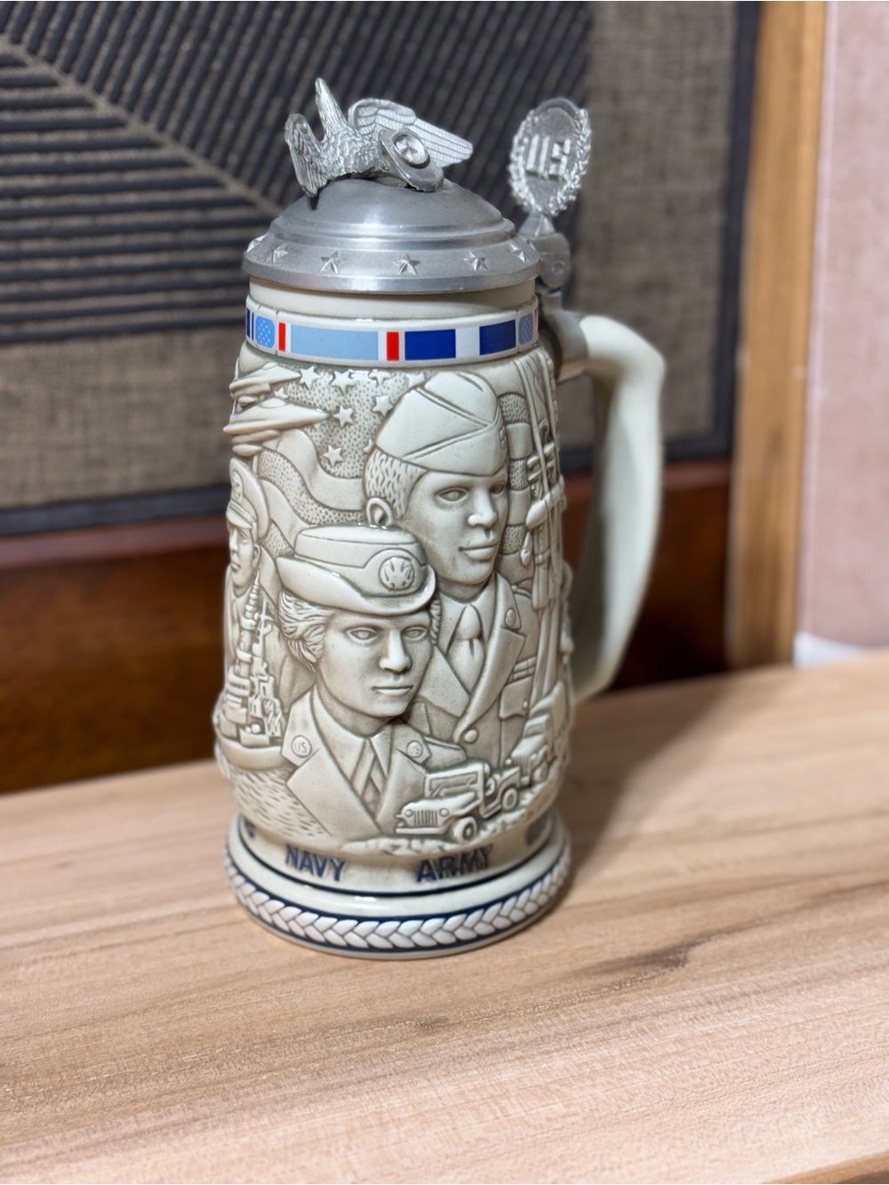 Military Tribute Ceramic Stein in Cream with Blue Accents